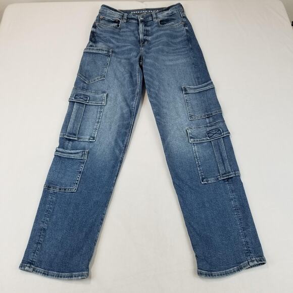 American Eagle Jeans Womens 2 Blue Super High-Rise Baggy Straight Cargo Stretch - Picture 1 of 14